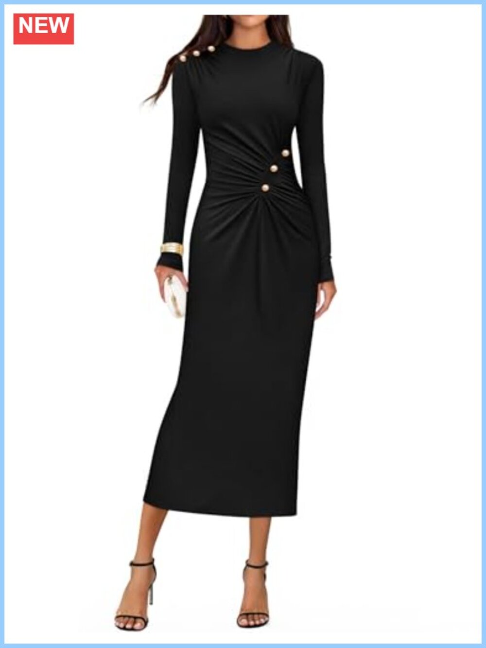 Mock Neck Long Sleeve Bodycon Midi Dress Knit Slim Fit Ruched